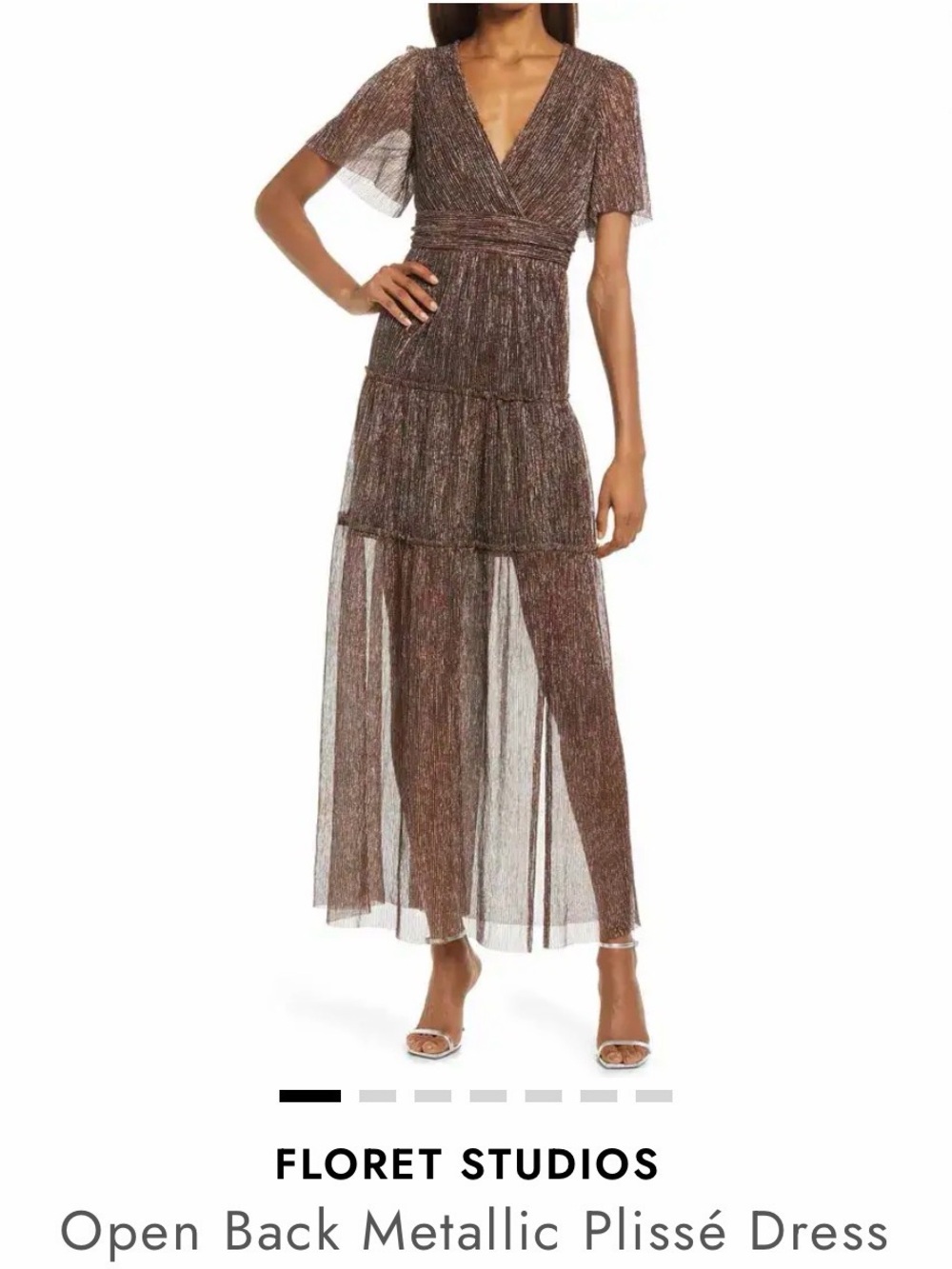 Metallic Brown Flutter-Sleeve Maxi Dress